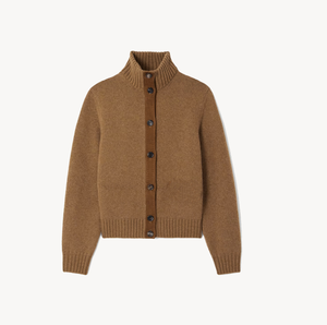 Suéter de <span class=keywords><strong>mujer</strong></span> de talla grande de diseñador personalizado 2025 suéter de punto de Cachemira pantalones cortos longitud botones arriba cuello simulado cárdigan grueso marrón - Product Image 1