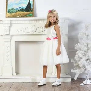 New High Quality Solid Color Casual Elegant Fashion Summer Round Neck Layered Cloth Tulle Layer Girls Bow Dress