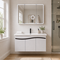 Ensemble de meuble-lavabo mural moderne WJL de 100 cm en aluminium avec vasque en céramique, miroir double anti-buée et portes faciles à nettoyer