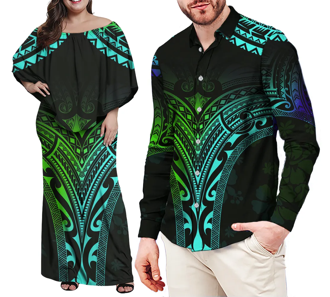 Polynesia Luxury Design night dress for couple Women Evening Dress Samoa Print Match men oversized shirts fall fashion plus size