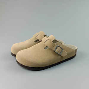 Sandalias Planas de Mujer, Estilo Mula, de Cuero Genuino y Gamuza, con Corcho, para Exteriores, Estilo Hana, Suela Sólida, Guangdong - Product Image 1