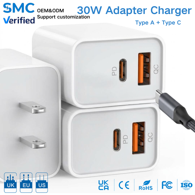 Hot Seller 30W Dual Port USB-A Type-C Electric Power Supply Adapter Compatible OTP OVP OCP Protectors Travel Wall Fast Charger
