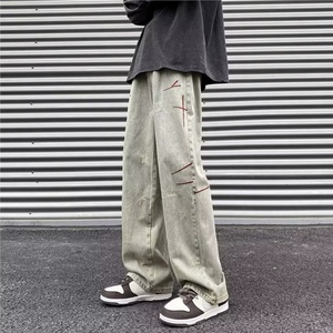 กางเกงยีนส์ผู้ชายสีฟ้าอ่อนทรงตรงเอวกลางผ้าฝ้ายเดนิม - Product Image 1