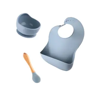 Factory Supplier Wholesale Low Price 3pcs Dinnerware Set Silicone Bib Bowl And Spoon Silicone Baby Feeding Set