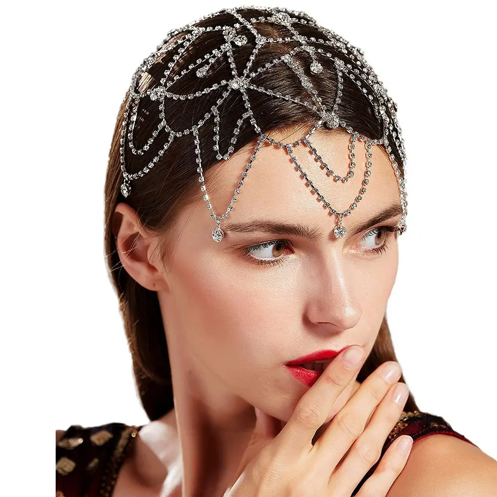 Personnalité multicouche strass front chaîne tête accessoires mode plaqué or diamant chaînes de cheveux chapeaux bijoux de cheveux
