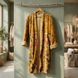 Robe kimono élégante en velours imprimé floral jaune, longue, à nouer, pour l'extérieur, toutes saisons, pour femme - Product Image 4