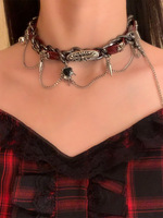 Collier ras du cou superposé tendance Y2K en cuir rouge avec breloques cœur noir et clous, bijou de mode gothique punk