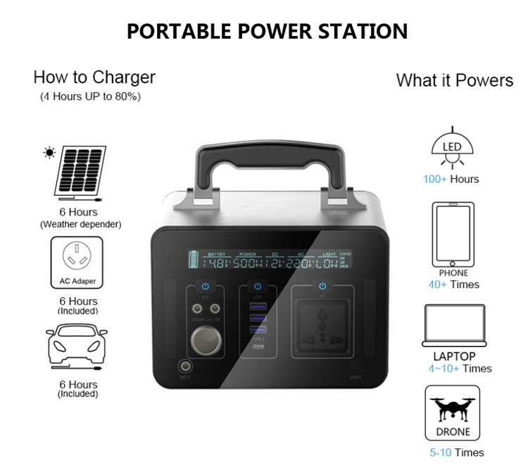 Solar Charging Outdoor Portable Power Station 500W With PD60W