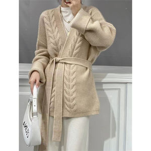 Cárdigan de lana 100 grueso de siete agujas personalizado para <span class=keywords><strong>mujer</strong></span>, chaqueta de suéter de Cachemira de estilo suelto y perezoso sin botones de longitud media - Product Image 3