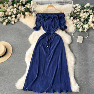 Robe de soirée mi-longue vintage de luxe pour femme, à épaules dénudées, avec volants et décoration plissée, lavable - Product Image 2