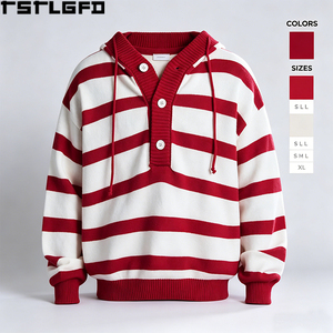 Pull tricoté rétro à capuche rayé, coupe et couture, épais, style Henley boutonné, rouge et blanc, vente en gros - Product Image 1