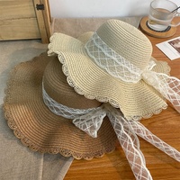 Topi pantai wanita dewasa musim panas, bertepi lebar, anti sinar matahari, dengan pita, dapat dilipat, berbulu