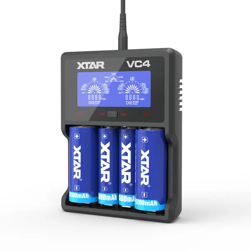 XTAR VC4 4 slot USB Cylindrical Battery 1.2v nimh nicd aa aaa c d 3.6v/4.2v 14500 16340 18650 Lithium ion Battery Charger 4 bank