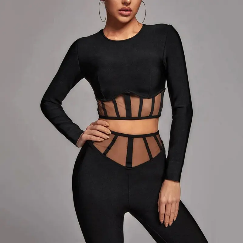 BA321 Black Women Bandage Sets New 2023 Sexy See Through O-Neck Mesh Crop Top Pencil Pants Two Pieces Set Elegant Bodycon Suits