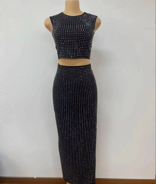 2024 High Waist Wrap Hip Split Mid Length Dress Heavy Industry Hot Diamond S Skirt Set Clothing