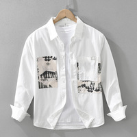 Chemise décontractée pour homme, mode printemps, patchwork, col rabattu, simple boutonnage, 100% coton popeline, motif appliqué, manches longues