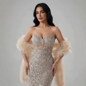 Robe de soirée sirène de luxe crème Serene <span class=keywords><strong>Hill</strong></span> LA73365B ornée de perles, collection 2026, robe de cérémonie pour célébrités avec châle à volants et plumes - Product Image 2