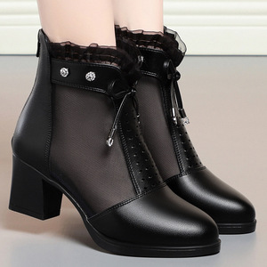 Xuanhui nouveau Style britannique bout pointu plate-forme <span class=keywords><strong>5cm</strong></span> <span class=keywords><strong>talon</strong></span> carré grosses bottines en cuir de maille noire - Product Image 4