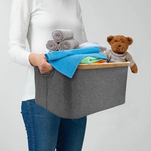 Cesto de Ropa Plegable Rectangular con Borde de Bambú y Asa, Cesto de Almacenamiento para Guardería, Cesto de Lavandería Plegable de Tela Oxford - Product Image 6