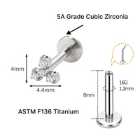 Perhiasan tindik JiaXin ASTM F136 Titanium Grade Implant, tanpa ulir, flat back, labret stud, untuk bibir, helix, conch, dengan inlay zircon berbentuk hati, ukuran 16G