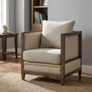 Traditional Single Accent Armchair SCE SCH-152 Elegant Upholstered Fabric Antique <b>Oak</b> Finish Rubber Wood Plywood Bedroom Gym - Product Image 2