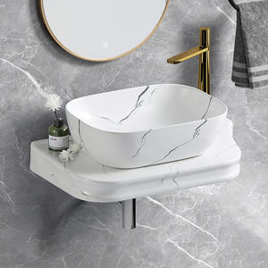 Lavabo de cerámica de mármol blanco pequeño, montaje colgado en la pared, fregadero de mármol, fregadero flotante, lavabo de tocador de baño de oro gris mate - Product Image 1