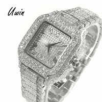 UWIN Montre-Bracelet Carrée Hip Hop Entièrement Sertie de Diamants, Cadran Chiffres Romains et Diamants, Montre à Quartz Étanche pour Hommes et Femmes