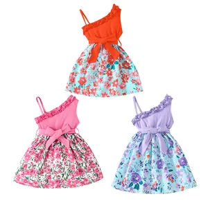 फुयू थोक बेबी लड़कियों के बच्चे आस्तीन के रूफल्स प्रिंट ग्रीष्मकालीन पोशाक फैशन आकस्मिक बच्चे गर्म पोशाक