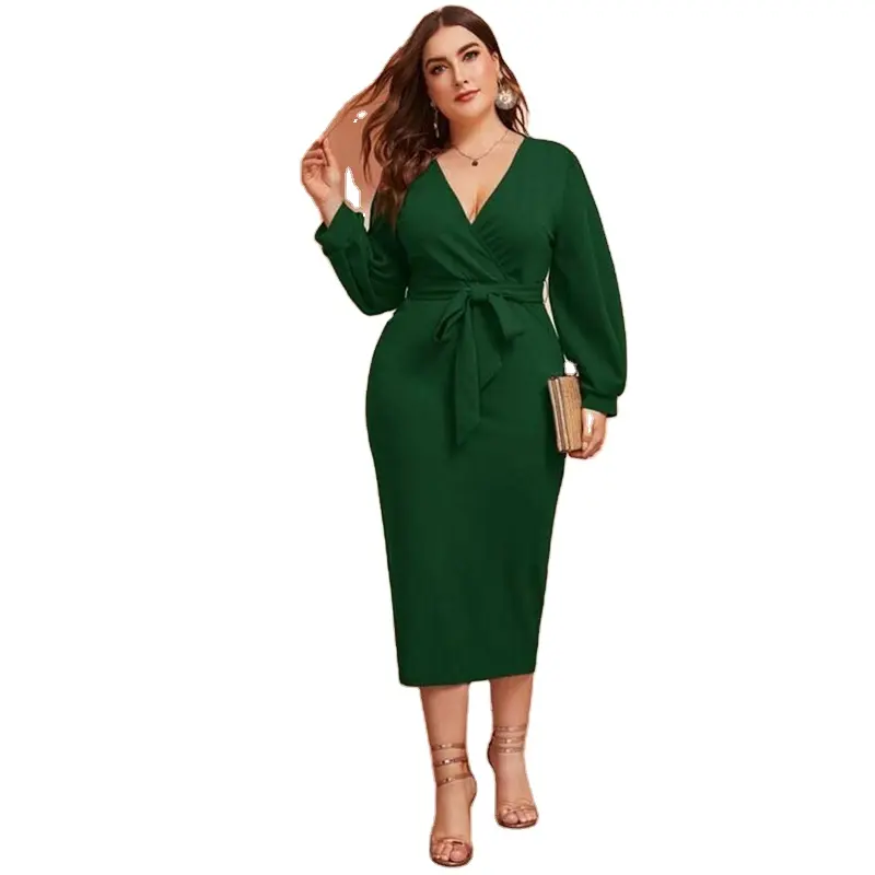 Vestido de punto árabe con cuello de pico profundo para mujer, ropa de oficina de tela gruesa de talla grande 3xl-6xl, Otoño e Invierno