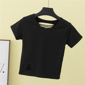 Gran oferta, Camiseta corta ajustada hueca con agujeros rotos de Spandex de verano para mujer, Top corto transpirable de secado rápido con estampado Digital 3D - Product Image 2