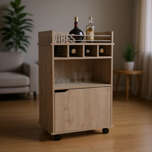 Carrito de Bar Sims con Dos Estantes, Cuatro Compartimentos para Botellas, Un Gabinete para Servir Bebidas, Diseño Moderno, Madera de Pino Claro - Product Image 2