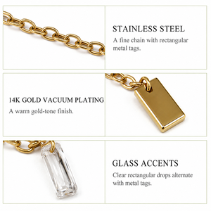 Collier à breloque rectangulaire en acier inoxydable et verre, plaqué or 14 carats sous vide, chaîne de 45 cm, options ton or et argent - Product Image 2