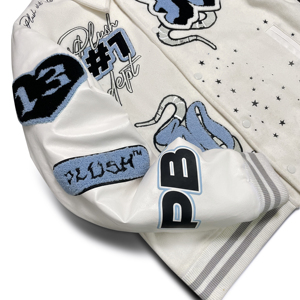 High Quality <b>White</b> Blue Chenille Applique Leather Sleeve <b>Jacket</b> Snake Lips Embroidery Vintage Streetwear Baseball <b>Jacket</b> for Men - Product Image 5