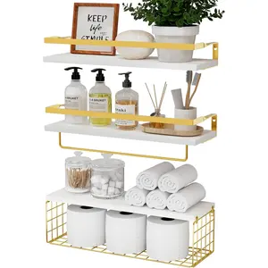 Floating Shelves for Wall Decor Bathroom Shelves Over Toilet with Paper Storage Basket  Farmhouse Wall Shelves for Bathroom gold