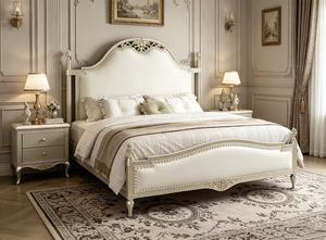 Premium Queen Size Light Champagne Spindle <b>Bed</b> With Cream Upholstered Ornate Carved Nailhead Headboard For Bedroom - Product Image 4
