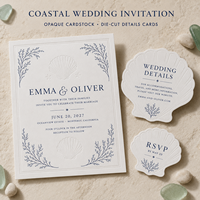 Invitations de mariage nautiques et côtières, motif herbe marine marine, cartes personnalisées en carton gaufré avec découpe de coquillages