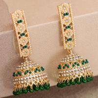 Boucles d'oreilles Jhumka en perles vertes plaquées or, bijoux de mariage indiens pour femmes