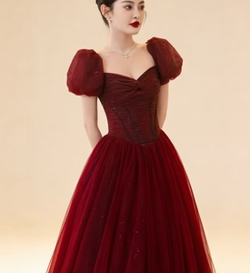 S0232Y 2026 Nuovo Abito da Sera/Festa da Donna Rosso Lungo fino al Pavimento, Linea ad A, in Tulle, con Maniche a Sbuffo e Scollo a Cuore - Product Image 5