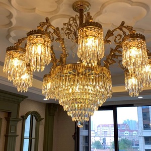 Lustre en cristal finition or, base d'ampoule E26, LED blanc chaud 3500K, hauteur réglable, intensité variable, grand luminaire suspendu pour salon - Product Image 3