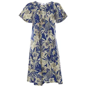 Gaun Maxi motif bunga Digital wanita, Gaun pantai Hawai lengan pendek