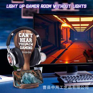 Wooden Headphone <b>Stand</b> With Phone Holder Gaming Desk Accessory For Earphones Over Ear <b>Headset</b> Mount Storage Organizer - Product Image 2
