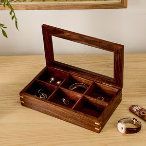 Wooden Jewelry Box With Mirror 6 Compartment Storage <b>Case</b> For Rings Earrings <b>Watch</b> Organization Rectangle Shape - Product Image 1