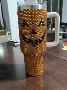 40オンスステンレス鋼真空フラスコゴーストスカルグリッターラインストーンタンブラーハロウィーンクモカボチャカップストロー付き - Product Image 6