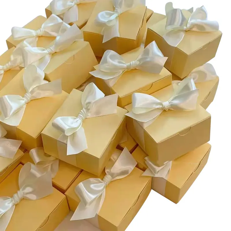 Boîte d'emballage de bonbon sucré cadeau des Fêtes personnalisé vente en gros boîte d'emballage de biscuit en papier jaune avec nœud papillon