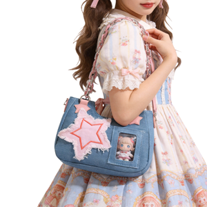 Bolso de cuero para mujer, tipo bandolera, de denim japonés, con ventana para muñeco de peluche y parche de estrella, tipo Itabag, fabricante, suministro a granel personalizado - Product Image 1
