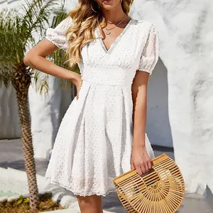 LOW MOQ Soft Touch Jacquard Dress Dyed In White Lace Casual For Women Midi Dress