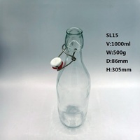 Botella de Vidrio Transparente Redonda de 1000 ml, 500 g, 1 L, Juego Completo a Precio Económico, con Tapa Abatible y Tapón Metálico