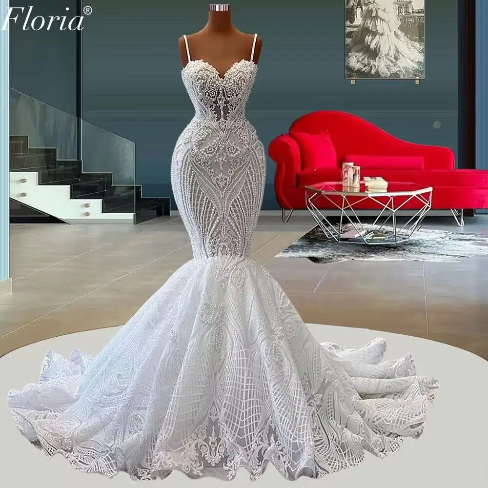 2023 Custom Made pearl beaded Fish bridal heavy lace embroidery fabrics wedding dress full Mermaid Wedding dress