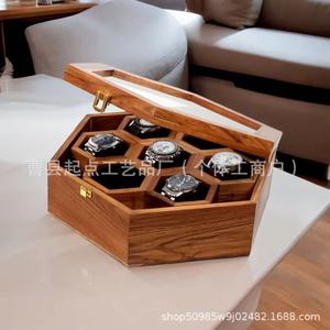 Caja de exhibición de relojes de madera, hexagonal, de madera maciza, con tapa abatible, diseño de panal, a prueba de polvo, para relojes de hombre - Product Image 1