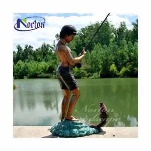 Stunning life size bronze boys fishing statue for Decor and Souvenirs 